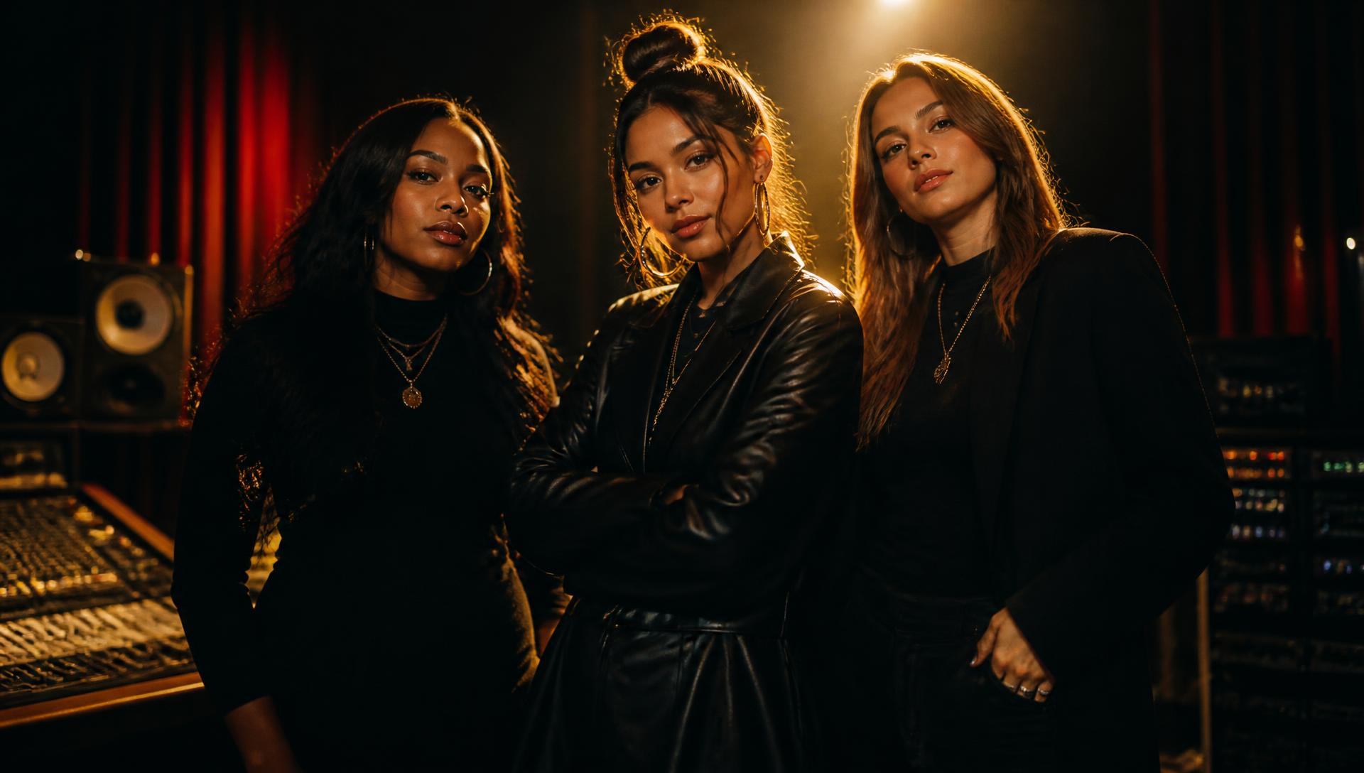 Three adult creators standing together in a recording studio under warm gold light